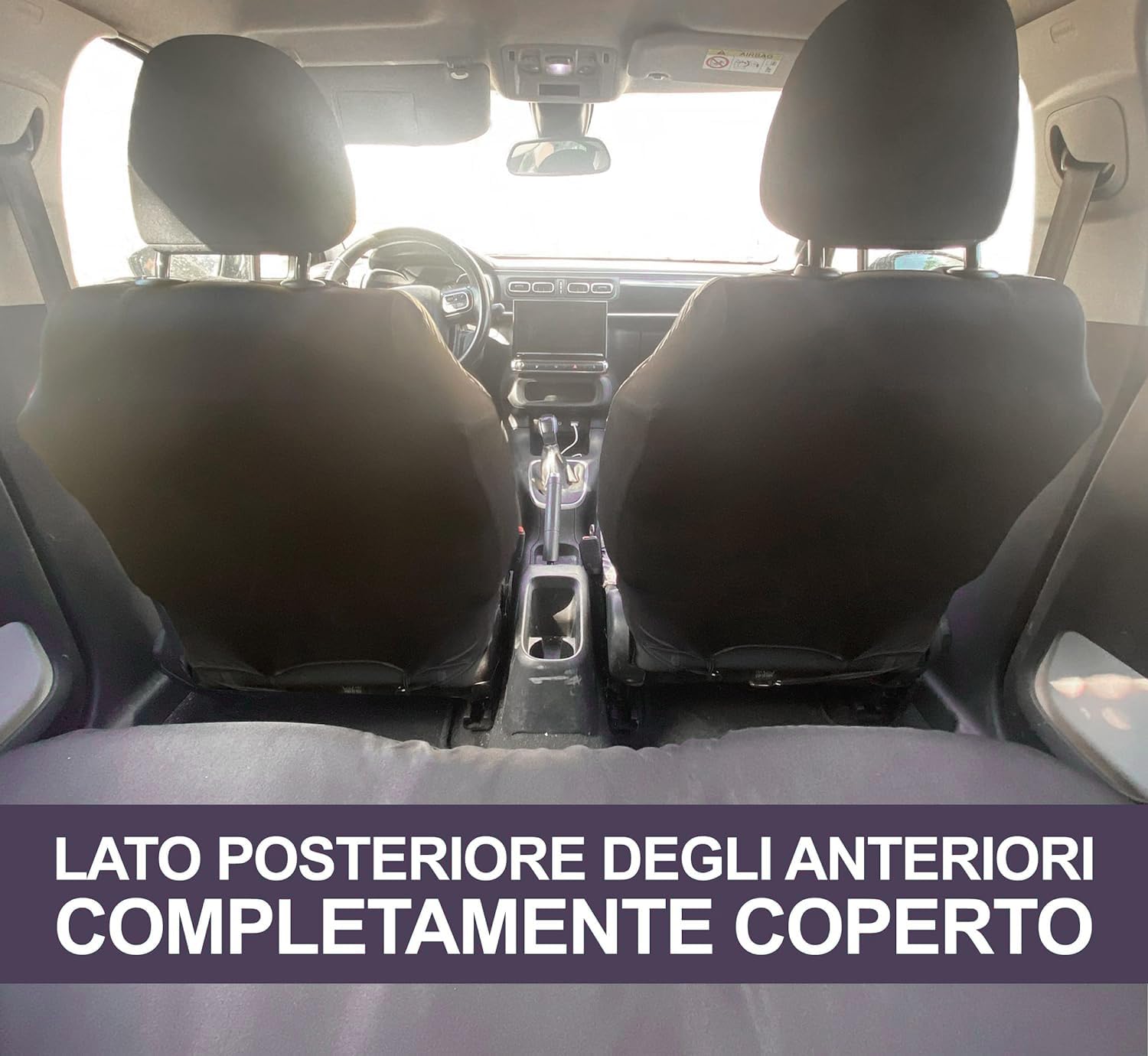 Rebeca Shop® Autositzbezüge kompatibel mit Cinquecento 500, hergestellt in Italien, Polyester-Baumwollgewebe, Set vorne und hinten (Schwarz/Dunkelgrau, hinten 50/50 mit Logo)