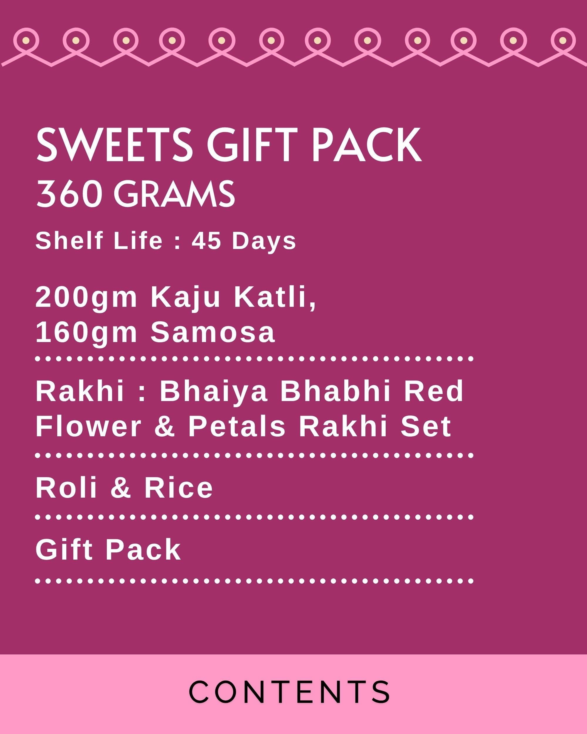 HyperFoods® Rakhi For Brother Sweets Gift Pack Kaju Katli 200g Samosa 160g Indian Sweets Mithai Gift Pack Flower & Petal Bhaiya Bhabhi Rakhi Set with Roli & Rice 1