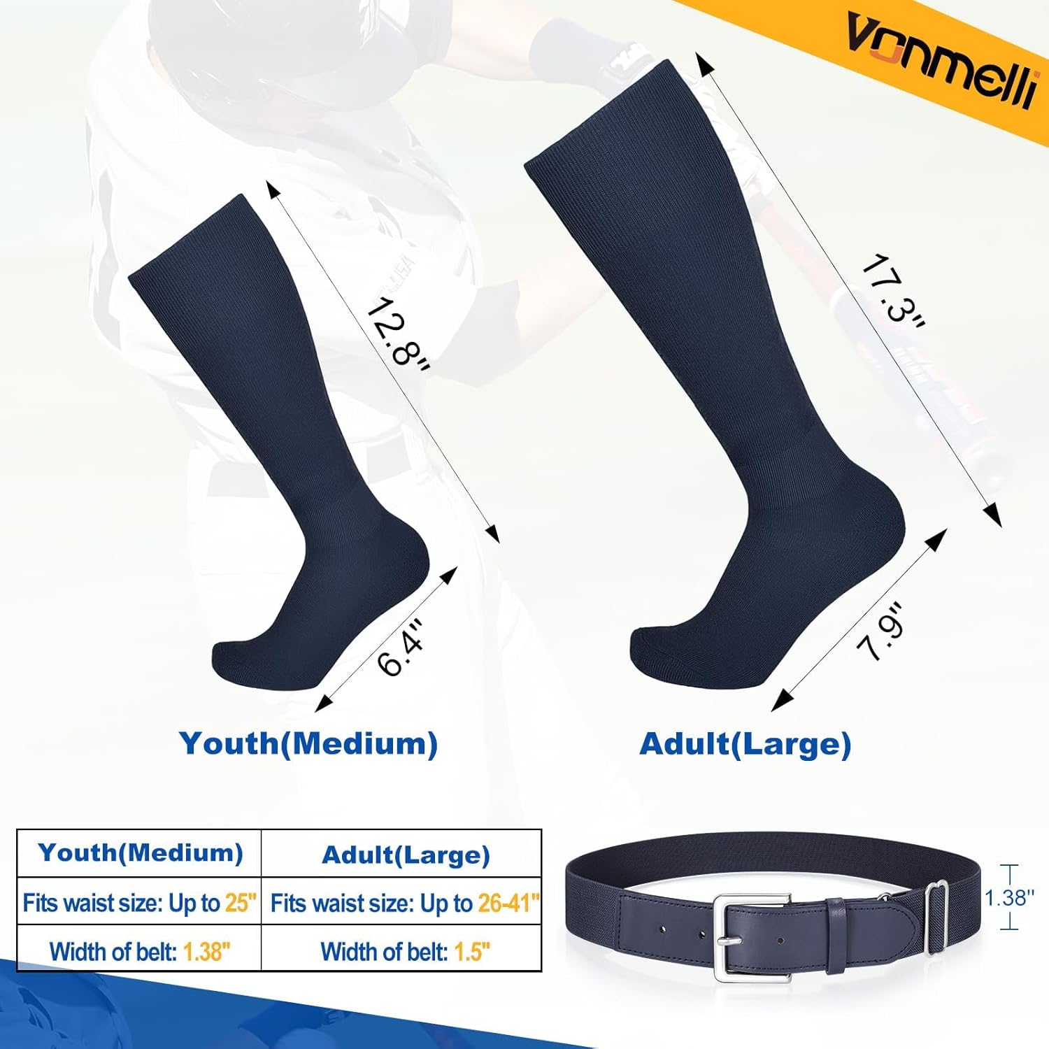 VONMELLI Youth Baseball Belt and Socks Combo, Elastic Softball Belts and Socks for Boys and Adult (2 Pairs of Socks & 1 Belt) - Image 5