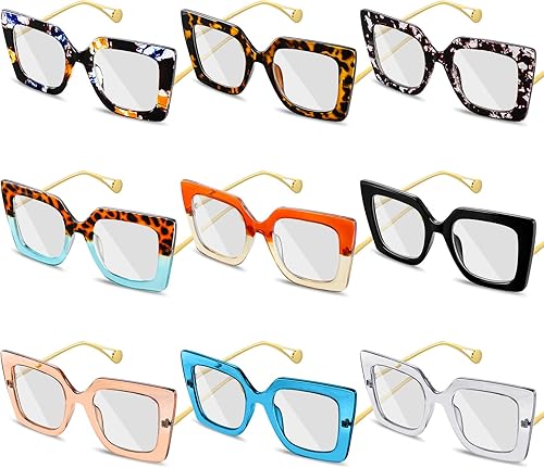 Kingdder Paquete de 9 anteojos de gran tamaño para mujer, anteojos cuadrados con bloqueo de luz azul, elegantes anteojos de lectura para computadora