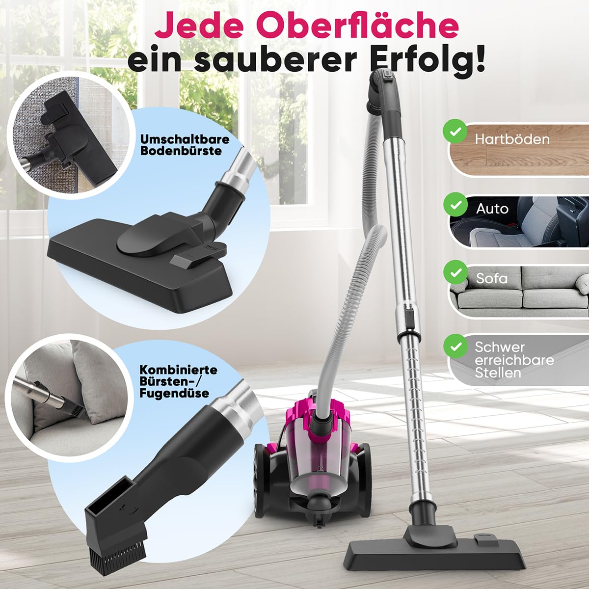 Proficare, Aspirapolvere senza sacco, 700W Rosa PC-BS3134-Rosa, Filtrazione HEPA, Tubo Telescopico, Spazzola Combinata, Risparmio Energetico, Carica Automatica, Ideale per Tutti i Tipi di Superfici