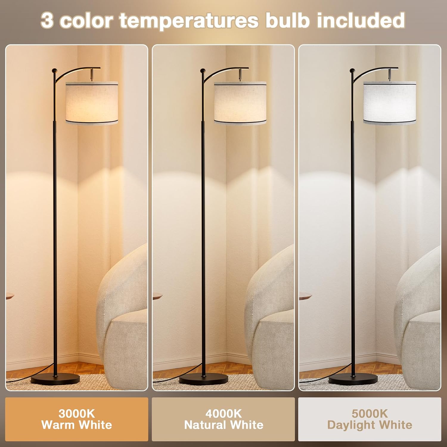  60" Floor Lamp for Living Room with 3 Color Temperatures, Beige Lampshade with Black Stripes, Tall Lamp for Bedroom Office, 9W Bulb Included thumbnail