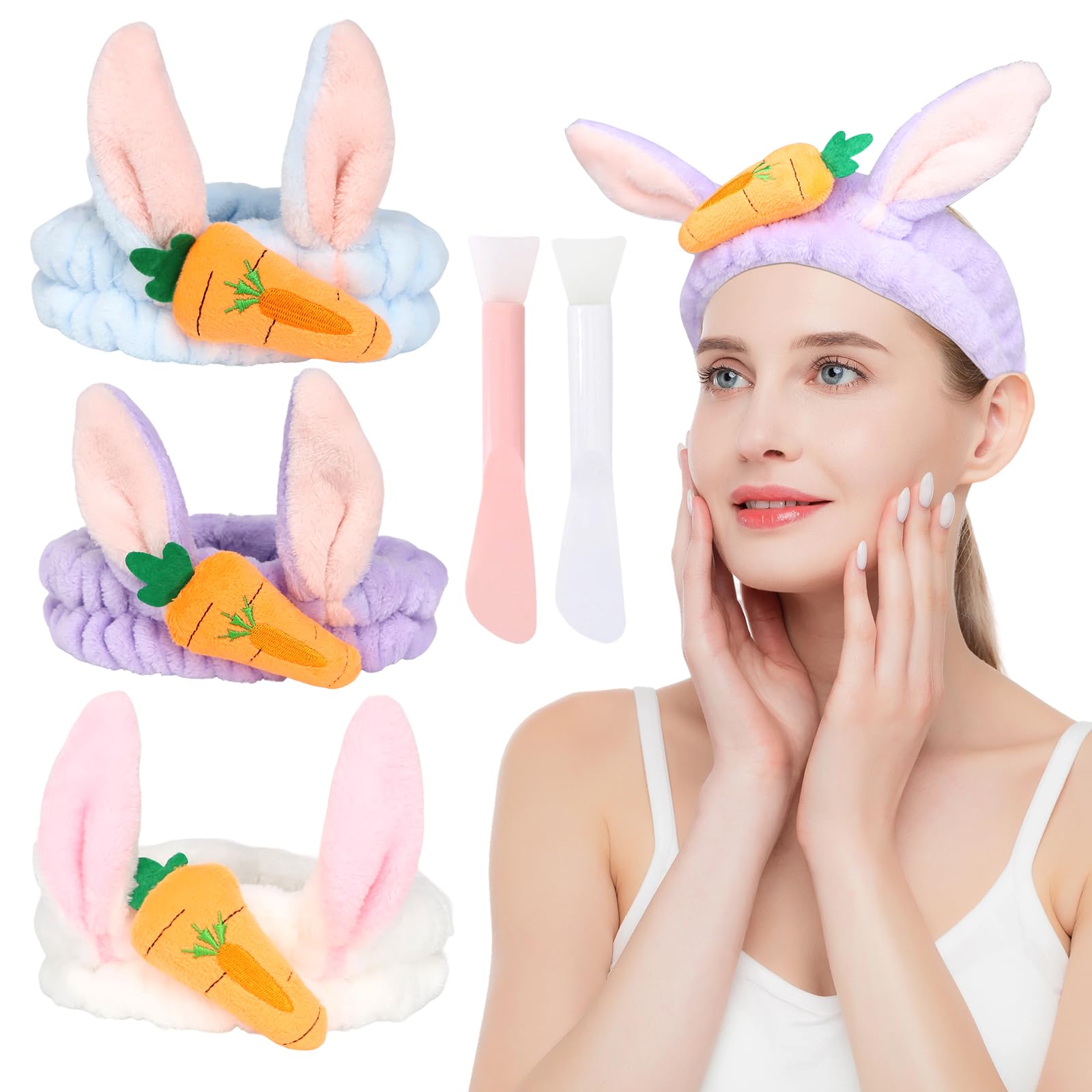 Skincare Headband Set,Rabbit Carrot Makeup Headband with Dual Use Face Mask Brush,Elastic Warm Flannel Spa Headband for Washing Face Yoga Beauty(Blue,White,Purple,3Pcs)