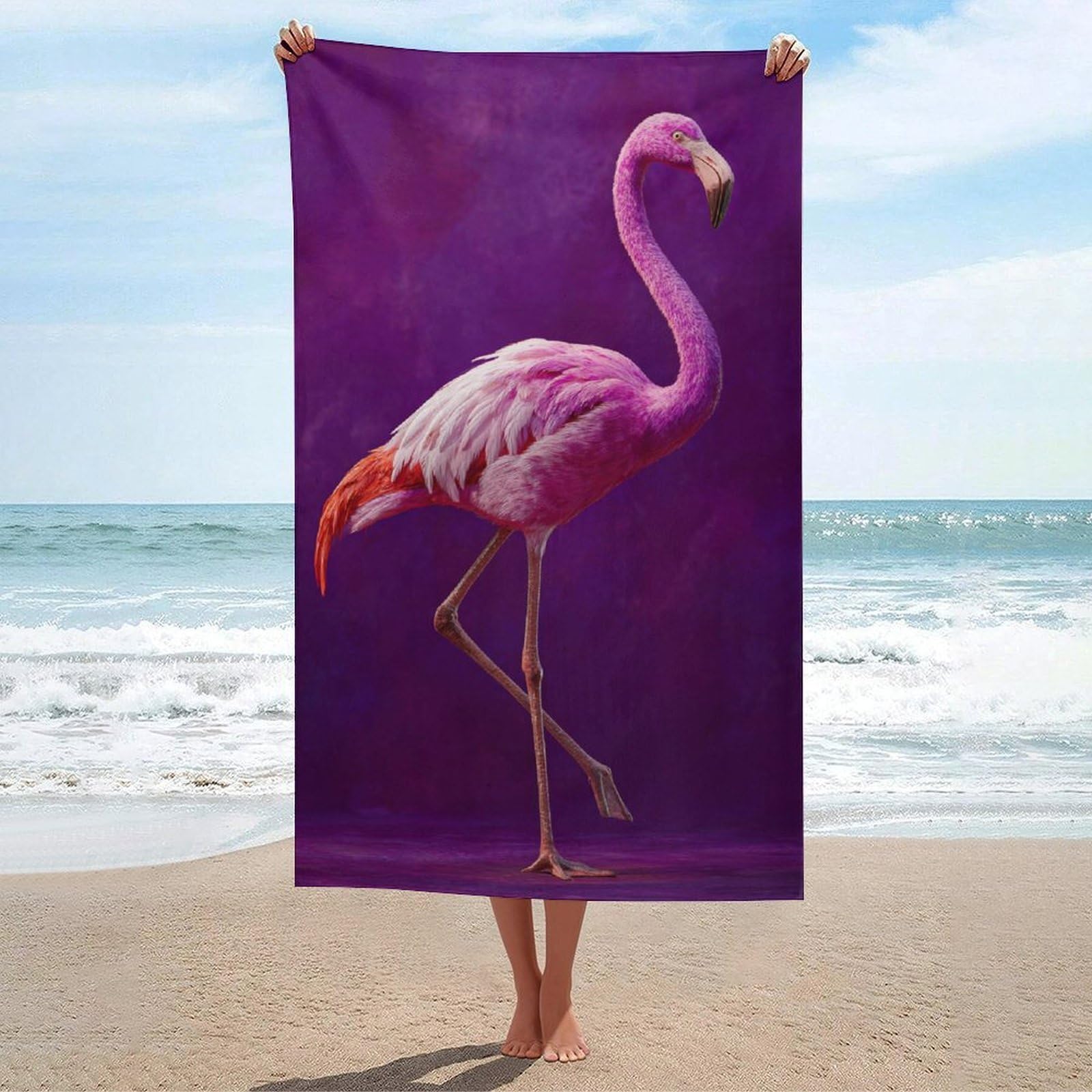 LSRCPD Pink Flamingo on Deep Velvet Violet Beach Towel Sand Free Microfiber Large Shower Towels Multipurpose Absorbent for Bathroom Pool 130x80 CM