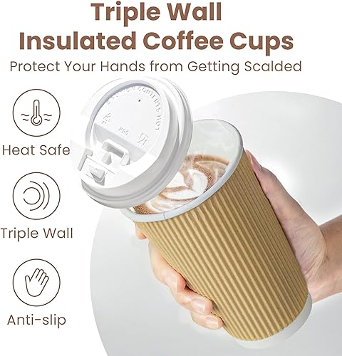 Miniatura 9 de Fit Meal Prep Paquete de 50 Vasos calientes desechables con tapas, 4 onzas marrones con aislamiento de doble pared con mangas onduladas, tazas de