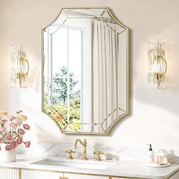 Gold Mirror for Bathroom, 24x36 Inch Rectangle Bathroom Vanity Mirror for Over Sink, Modern Decorative Scalloped Mirror for Living Room Entryway Fireplace Mantel Horizontal/Vertical