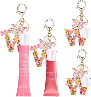Initial Letter Keychain Cap for Summer Fridays,Glossier, Cute Lip Balm Gloss Keychains Portable Lipgloss Holder for Women Wallet Backpack Bag Charms Personalized Accessories 2pcs Kit Letter-W