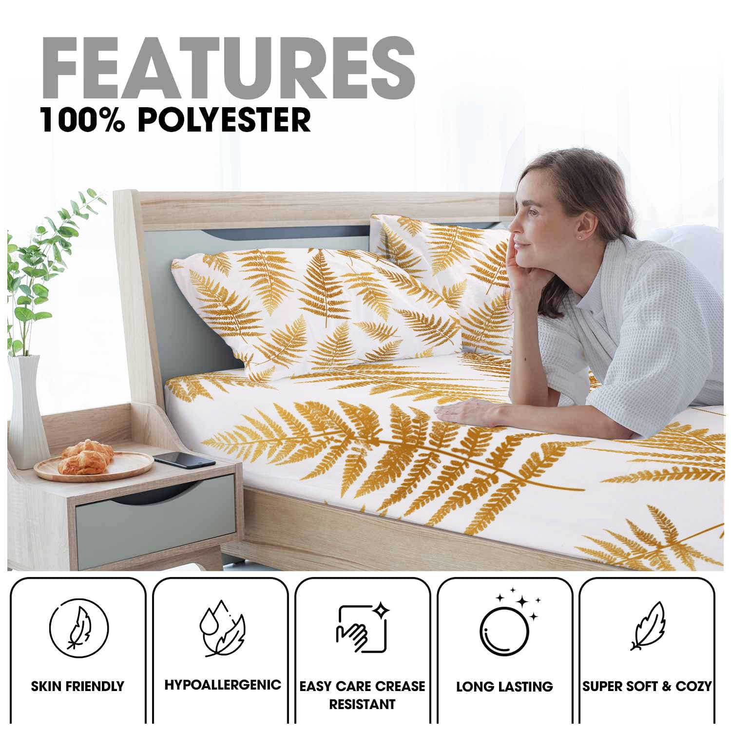 Sábanas 200X190/200Cm - Juego De Sábanas 3 Piezas Estampadas Helecho Metálico - Microfibra Suave Transpirable - Sábana Bajera Ajustable - Ropa De Cama Plantas Minimalistas (Beige)