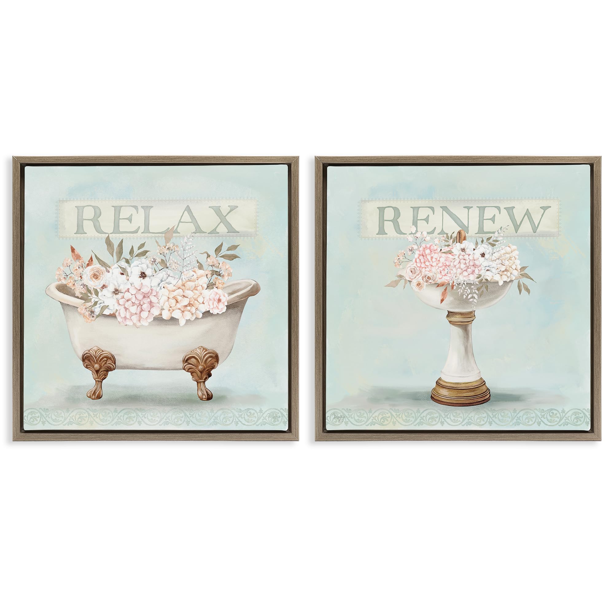 'Antique Florals Relax Renew'| 2pc Floating Frame Art Set 2