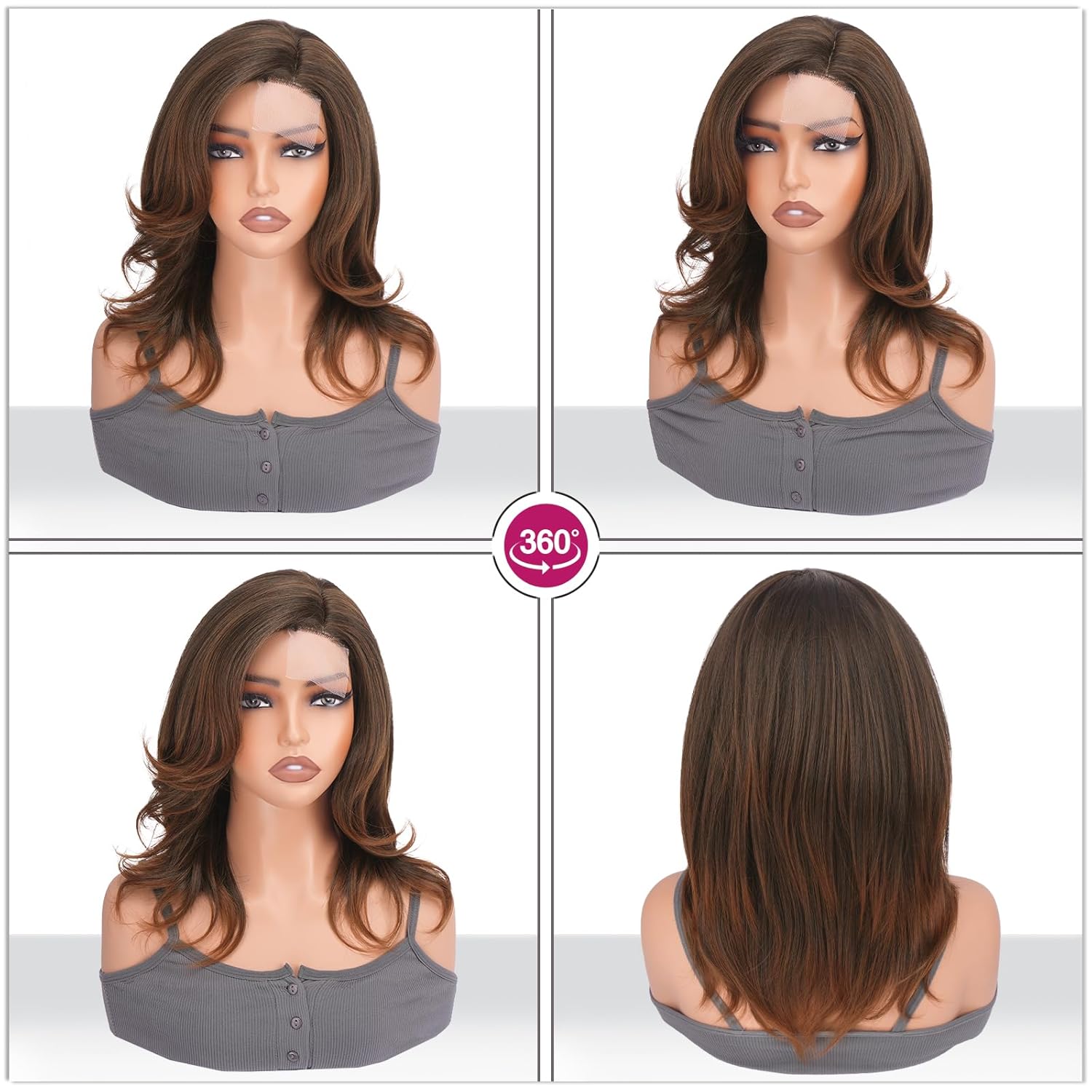 Auburn Brown Wig for Women - Layered Straight Wig with Lace Front, Side Part Natural Hairline & Soft Yaki Fiber, Lightweight Realistic Look - Auburn Mix Dark Brown, 14 Inch