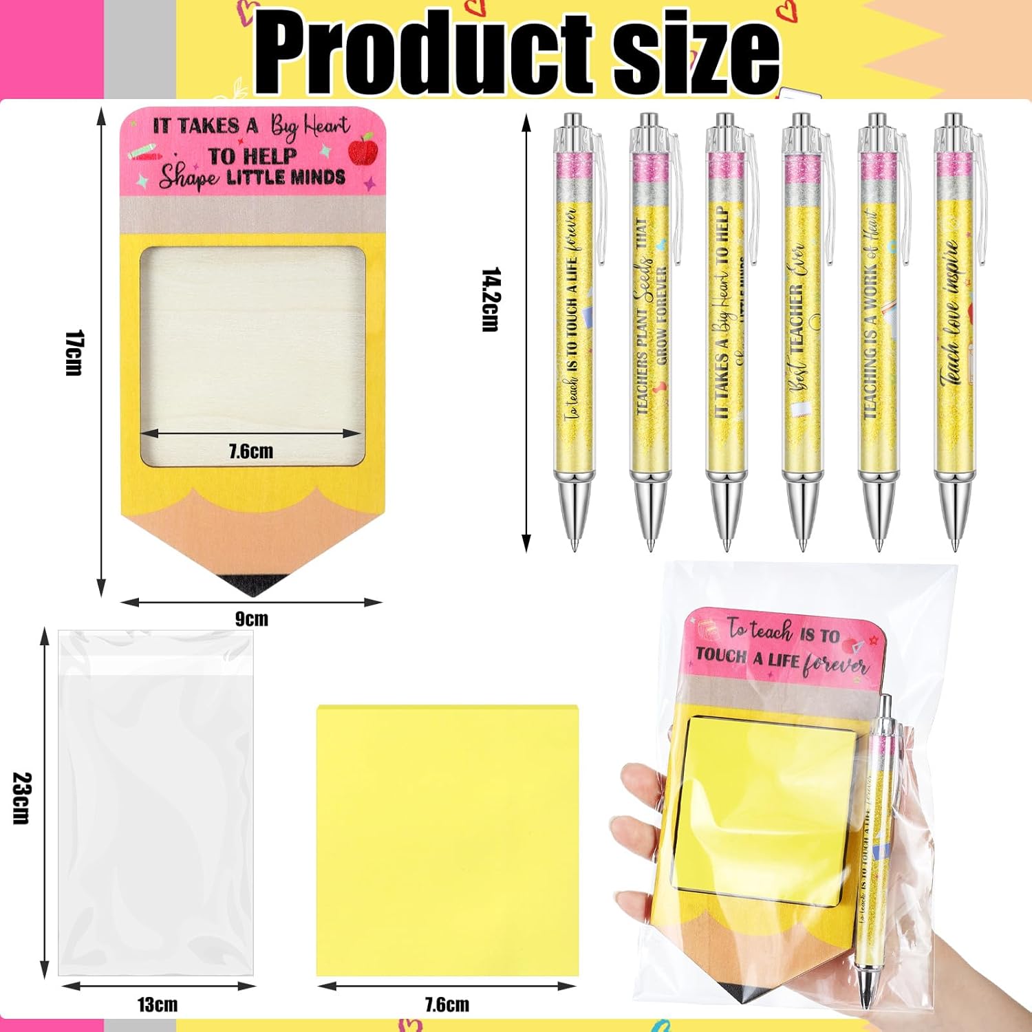 Supervitae 24 Set End of Year Student Gift Bulk from Teacher Wooden Sticky Note Holder with Glitter Ballpoint Pens Shape Pencil Organizer Teaching Thank You Gift for Desk Sign(Yellow,Pencil)