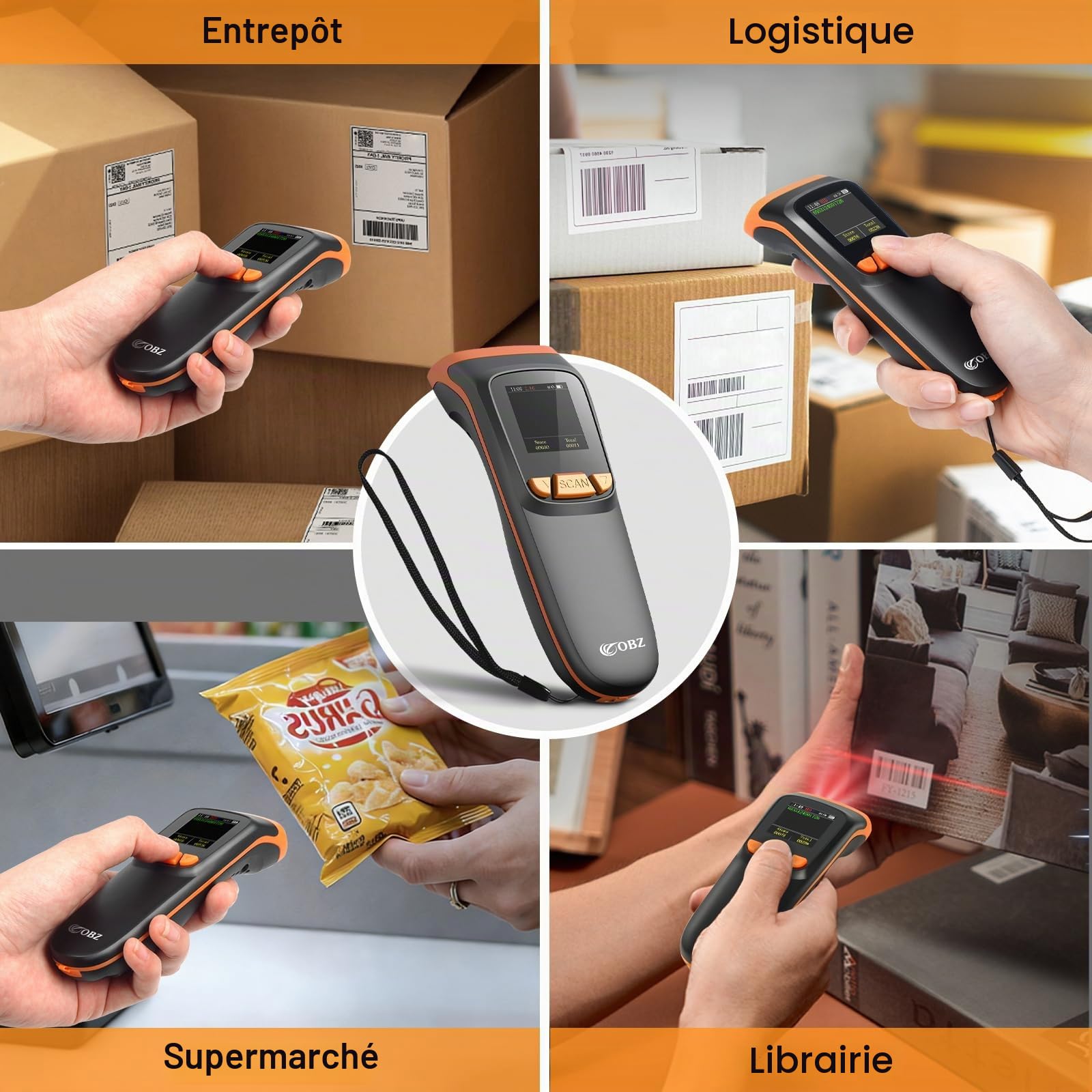 OBZ Lecteur de Codes-Barres sans Fil Grand Écran LCD, Scanner Bluetooth 2.4G/USB, Douchette QR Code 1D/2D, Configuration par Écran et Boutons, Mémoire Hors Ligne pour Inventaire, Magasin, Entrepôt