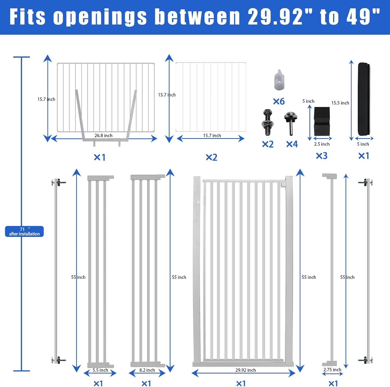 71 inch Extra Tall Gate Pet Gate,29.92"-49" Extra Wide Pressure Mounted,Cat Gates for Stairs, Kitchen,Doorways (White)
