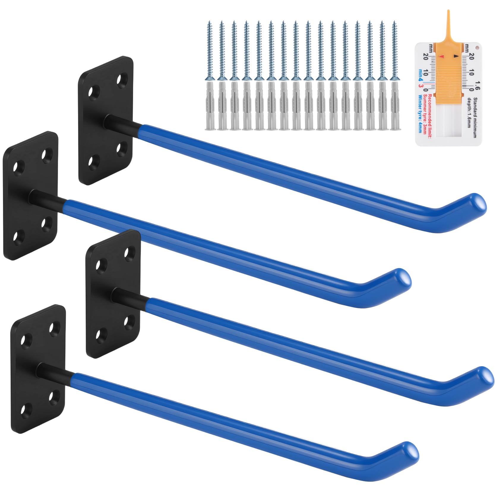 Lot de 4 porte-pneus muraux - Grands crochets de garage - Bleu - Organisateur de garage - Convient pour tuyaux d'arrosage, chaises pliantes et échelles
