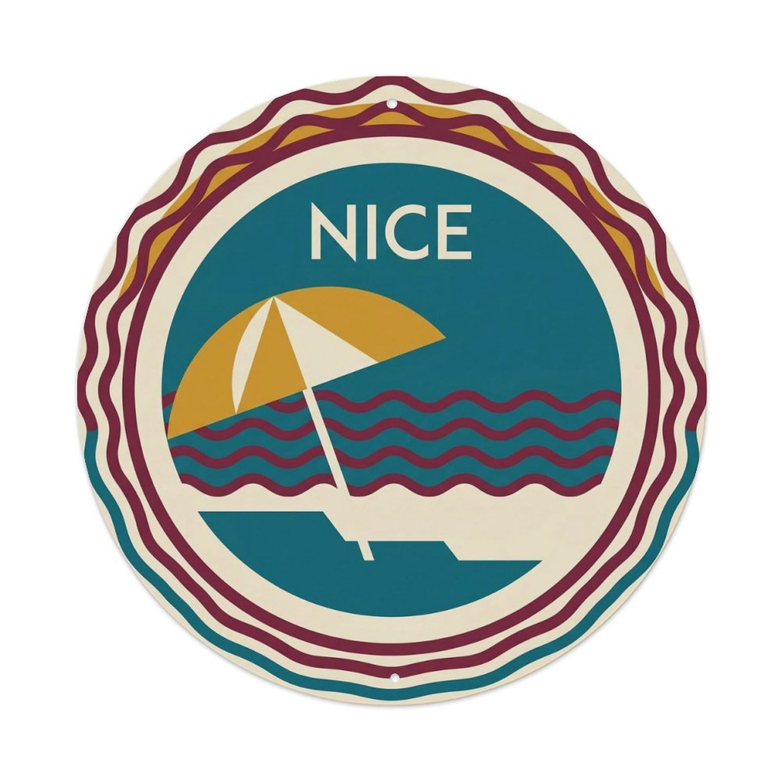 Beach Umbrella Nice France Minimalist Riviera Travel Badge Metal Tin Sign Plaque Wall Decor for Cafe, Man Cave, Club Bar, Office, Home Garden Round Metal Poster 8x8Inch