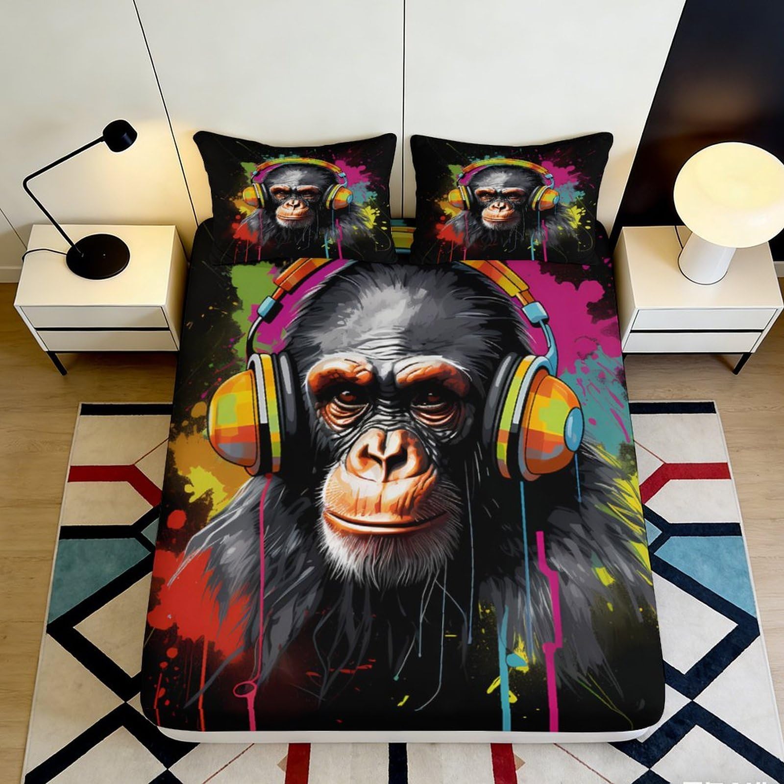 3D Printed Graffiti Monkey Fitted Sheet Microfiber Deep Pocket Bedding Non-Slip Monkey Mattress Fitted Cover for Bedroom Adult Washable Wrap 200x200x25cm 90x200x25cm
