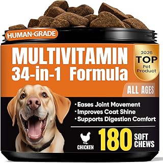 Dog Vitamins & Supplements - 10 Benefits-in-1 Pet Multivitamin Softchews, Daily Dog Supplements for Hip & Joints, Skin & Coat, Immune Health with Glucosamine, Probiotics, Collagen & Fish Oil - 180 ct