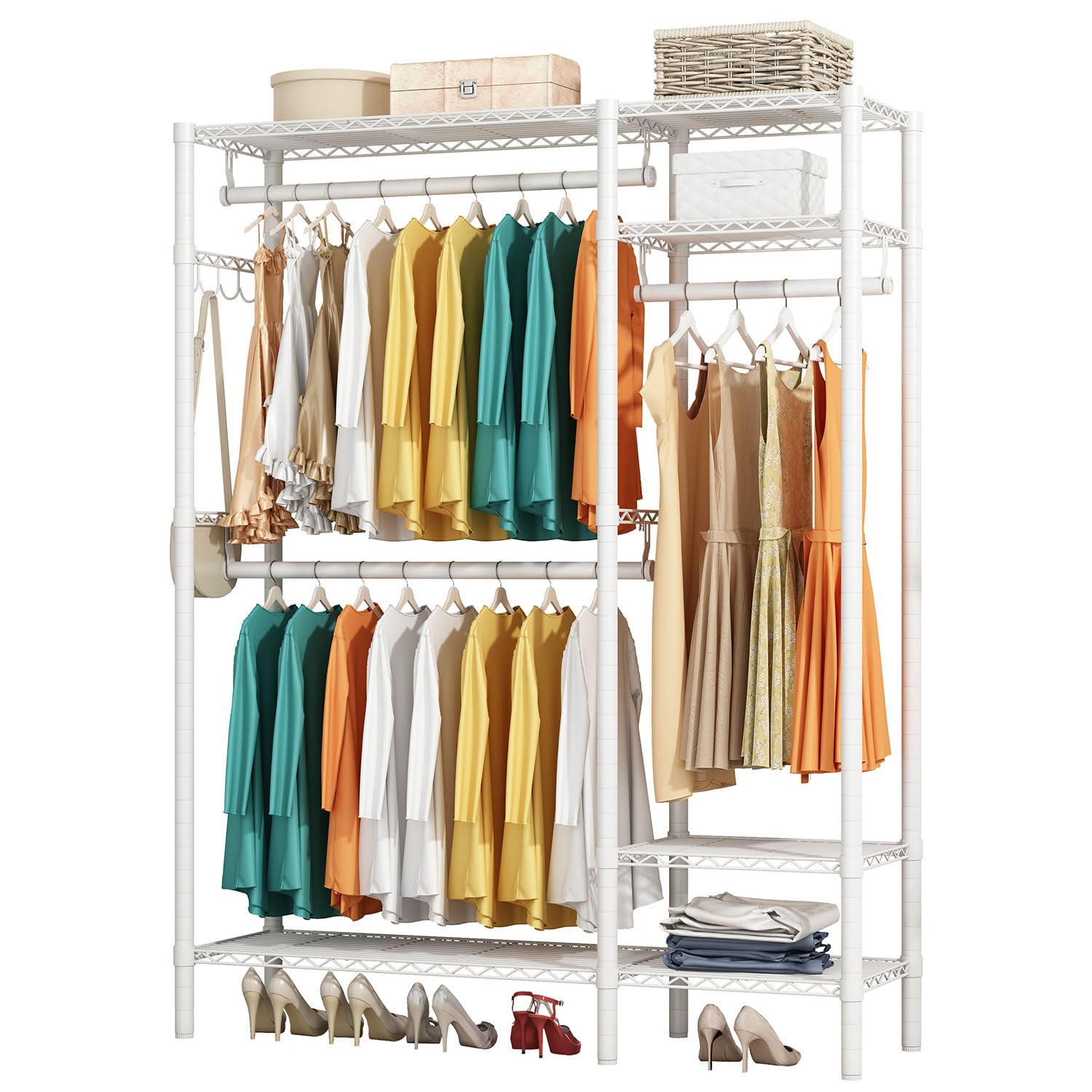 KZOBYD Clothes Rail Rack, with Hanging Rods and Adjustable Shelves (White)
