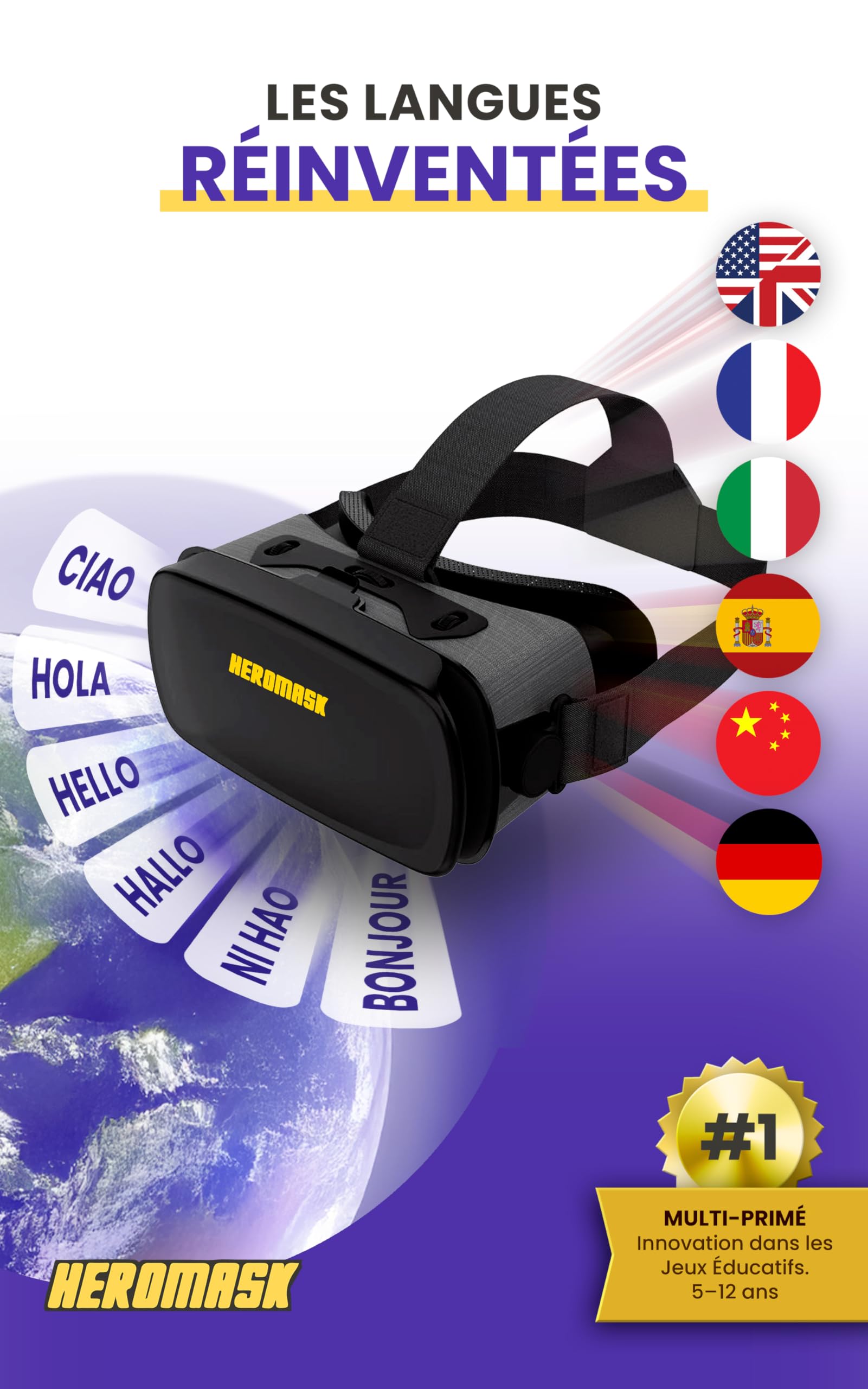 Heromask Casque VR Enfant 5-12 Ans · Jeux de Langues Réalité Virtuelle | Anglais, espagnol et allemand en jouant en VR. iPhone/Android. Cadeau original éducatif pour enfant
