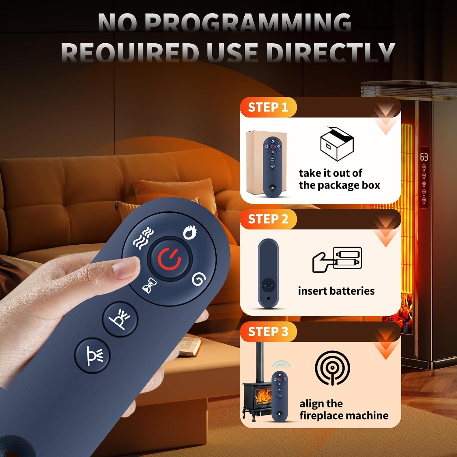 Replacement Remote Control for Vitesse Electric Fireplace Wall Mounted 50-FP-C3, for BREEZEHEAT Fireplace Recessed 72B-GBL-SSDQ 50B-GBL-SSDQ, for LEMBERI Fireplace APFP-2F