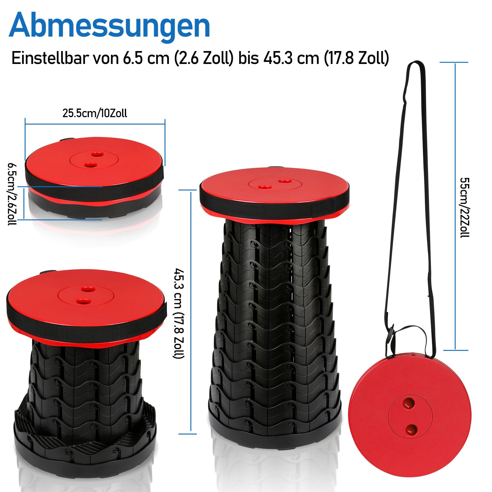Sgabello telescopico pieghevole portatile da campeggio, regolabile in altezza e stabile, portata fino a 150 kg, compatto per esterni, giardino e viaggi, rosso