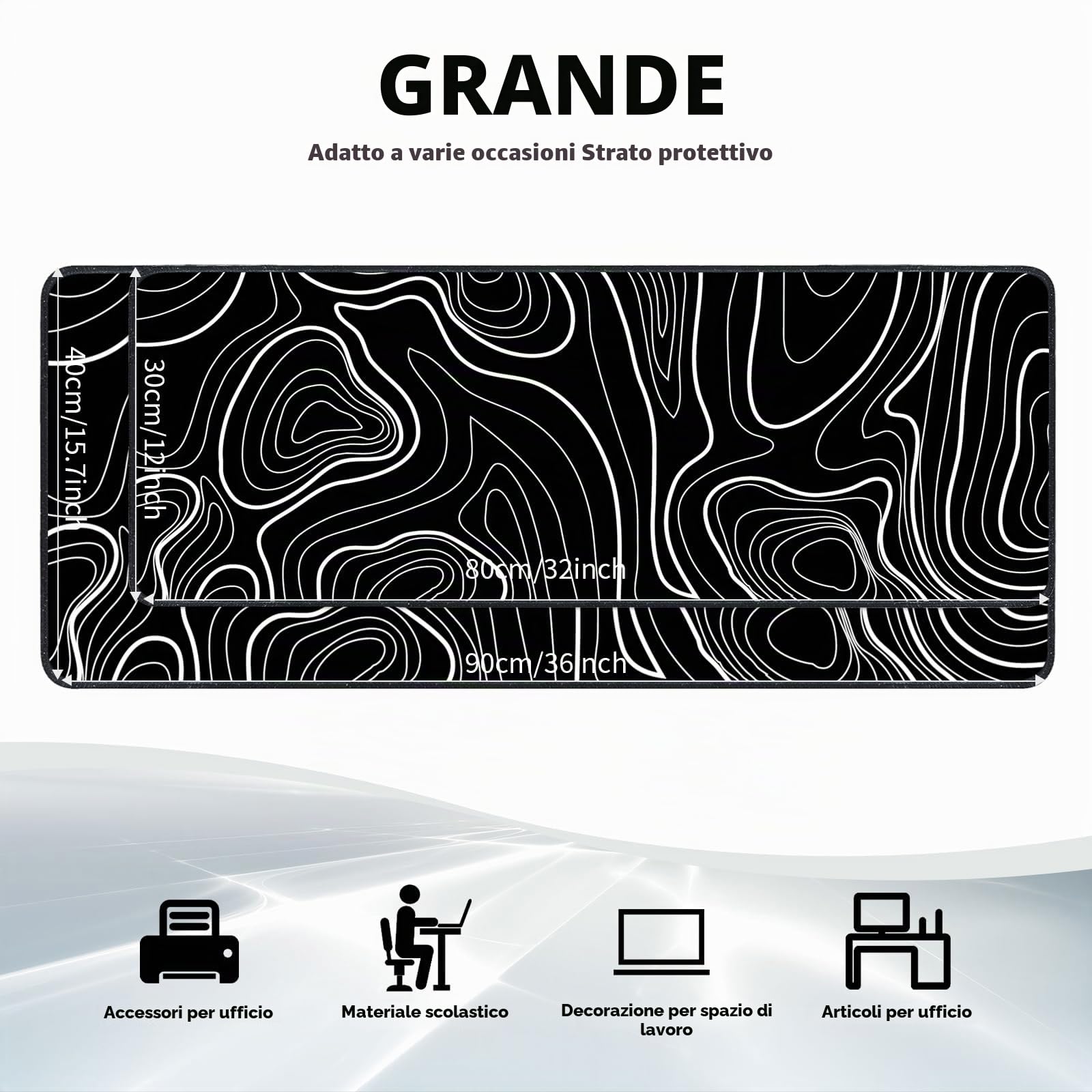 Tappetino mouse XXL gaming,Mousepad 800 x 300mm, tappetino scrivania grande dimensioni con base in gomma antiscivolo per tastiera, PC(Linee bianche e nere)