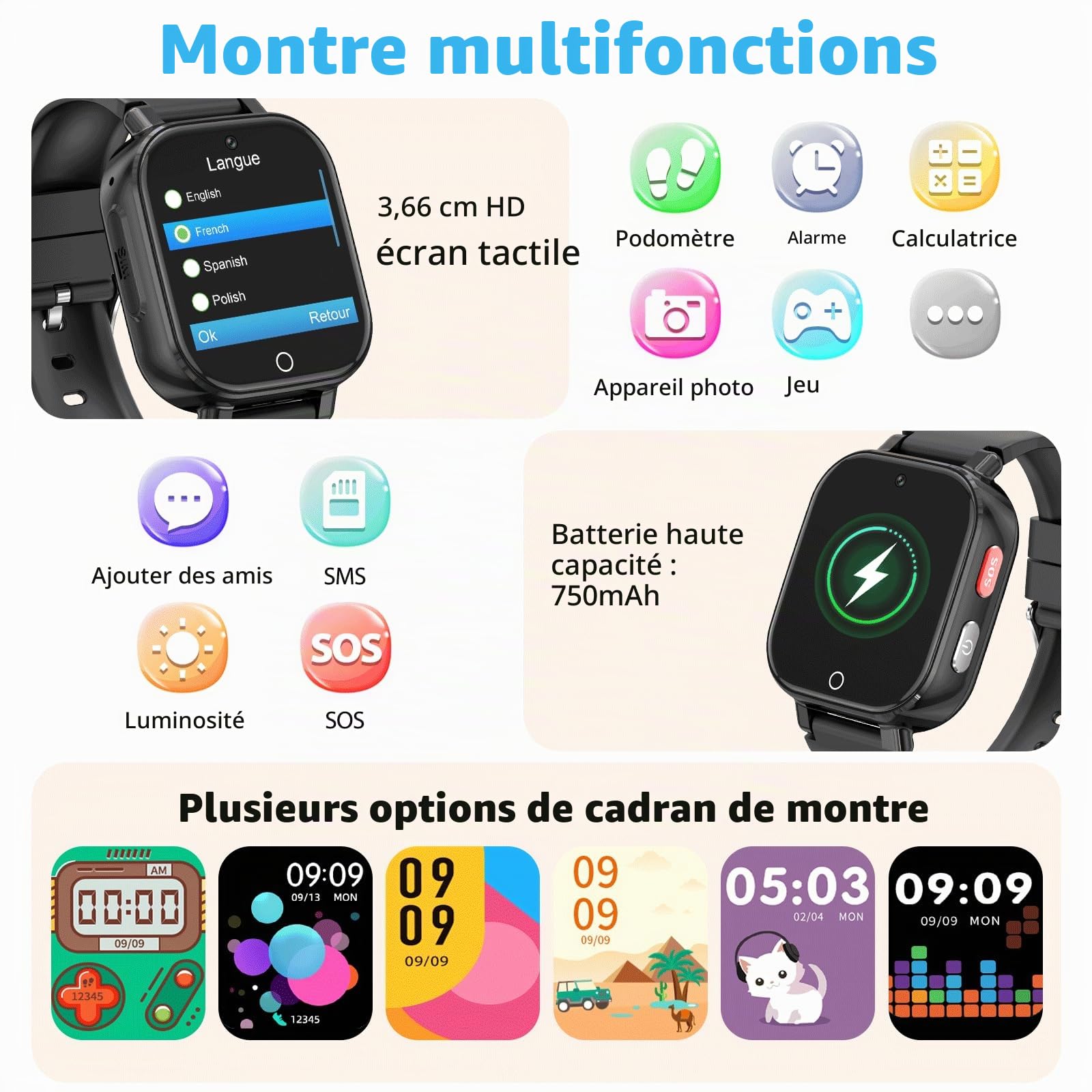 Montre Connectée Enfant-Smartwatch avec 4G Appel GPS Vidéo Chat SOS Jeux | Podomètre Mode Classe Réveil-Montre Enfants pour Garçons Filles 5-13 Ans Noir