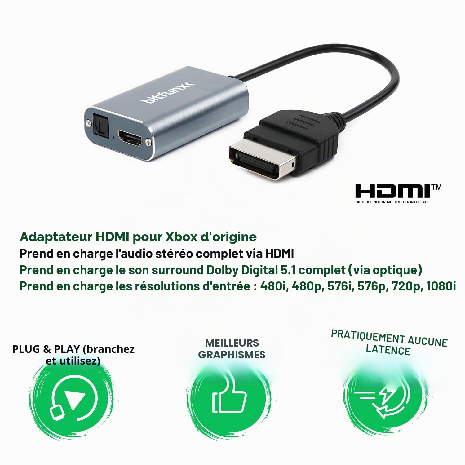 Adaptateur Xbox vers HDMI™ - Prend en charge le son surround Full Dolby Digital 5.1 via port optique, adaptateur de jeu vidéo Plug & Play avec prise en charge audio Toslink, câble HD Link pour console