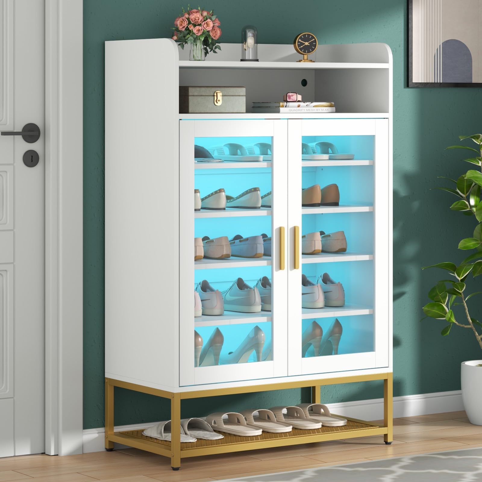 Shoe Cabinet with Doors, Shoe Storage Organizer with LED Lights  Adjustable Shelves, 7-Tier Entryway Shoe Rack Storage for Hallway, Closet,  Living