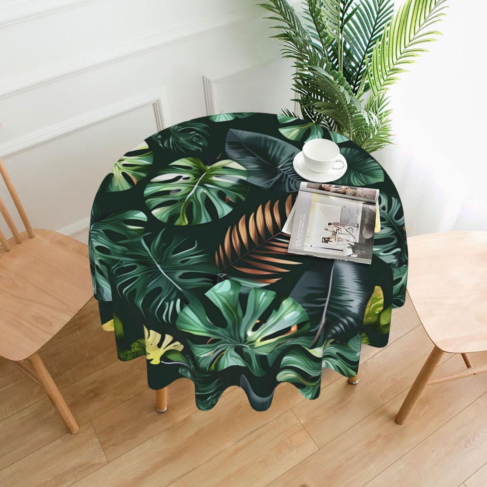 Nbtghga Tropical Leaves Print Tablecloth Round Border Table Cloth Cover Decorative For Party Holiday Dinning Tabletop Home