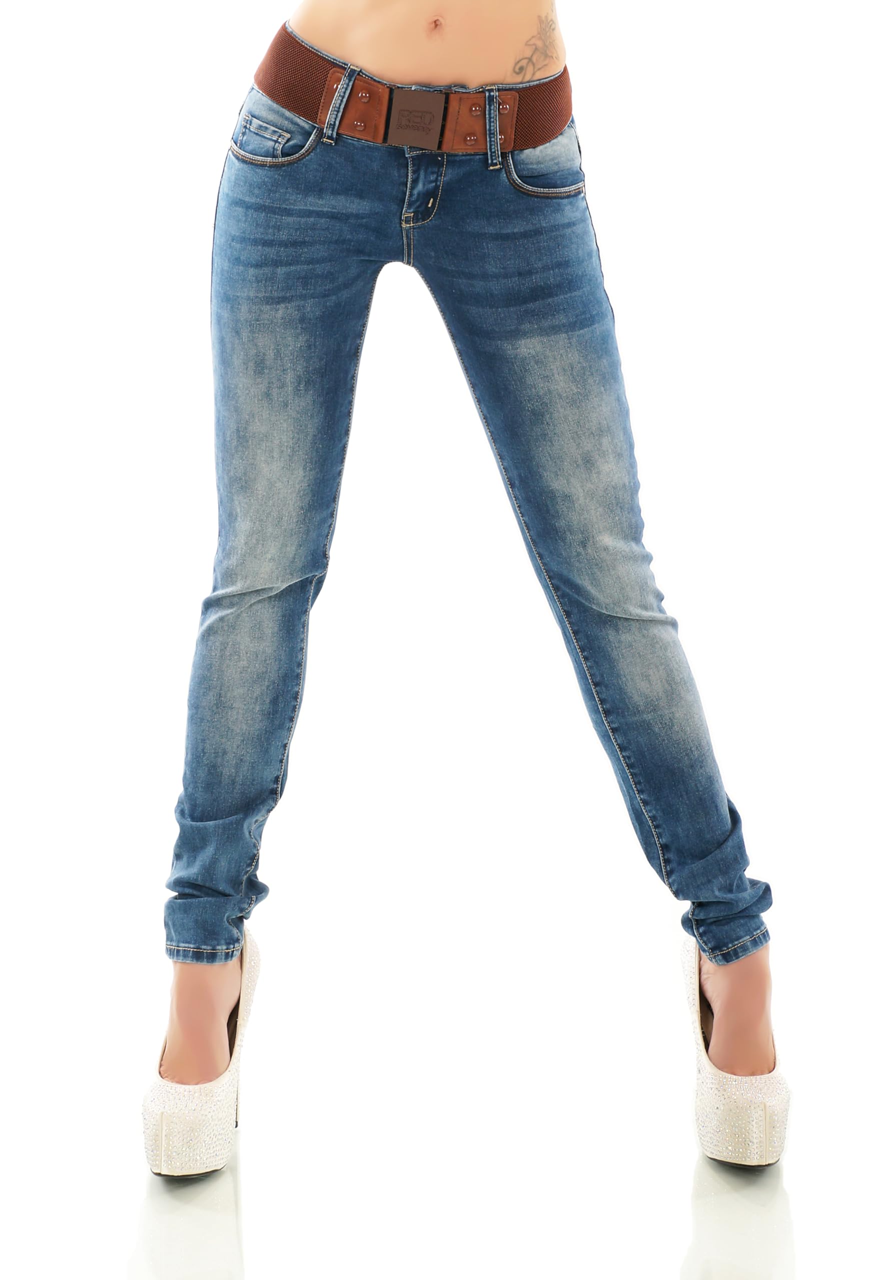 Damen Jeans Röhrenjeans Skinny Slim Fit Hose mit Gürtel XS-XL