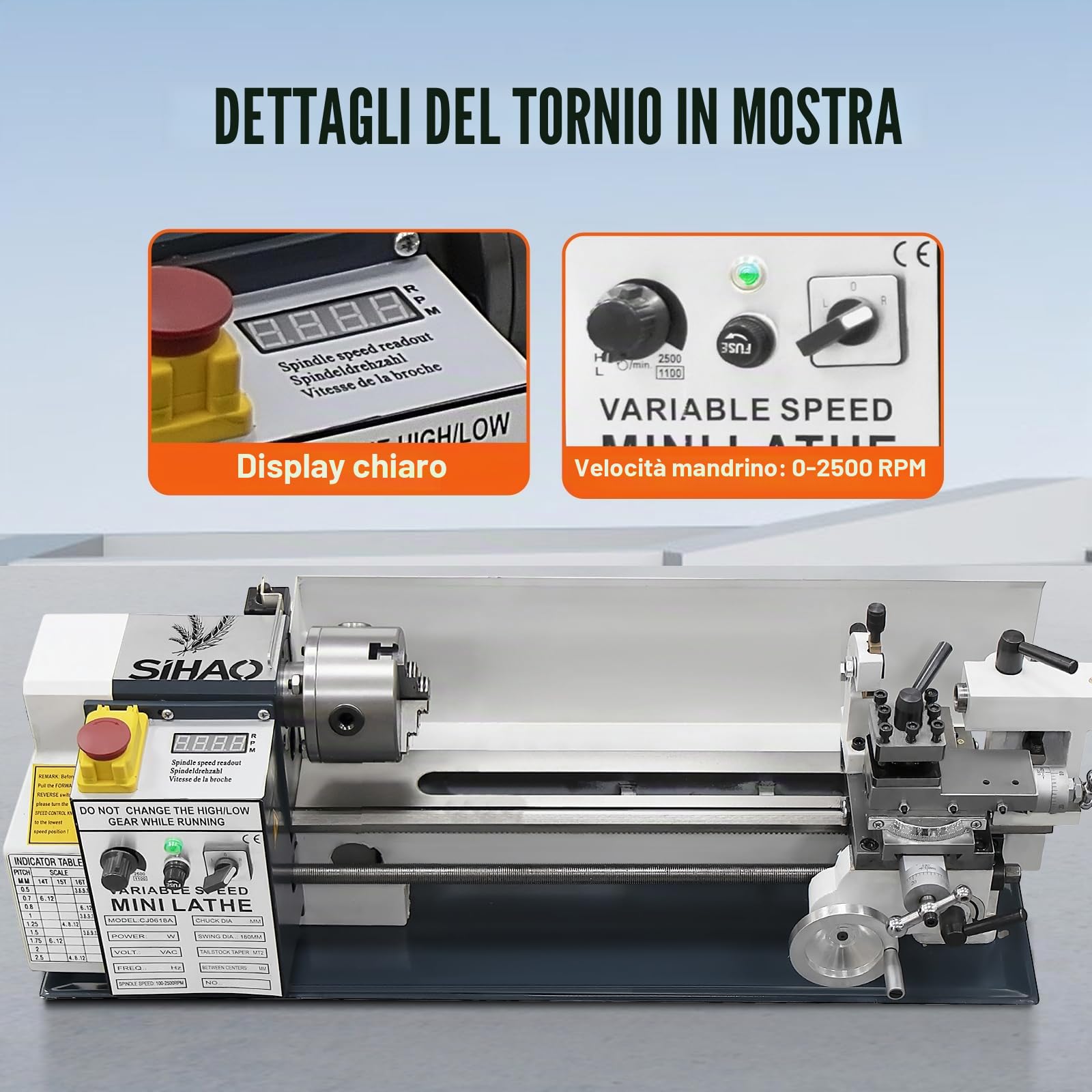 Tornio per Metallo 180MMx350MM 750W Mini Tornio Metallo,Metallo Ingranaggio Con Porta Coltello e Pennello,Velocità Variabile 0-2500 Giri/min,Tornio per Metalli per Filettatura/Tornitura/Foratura