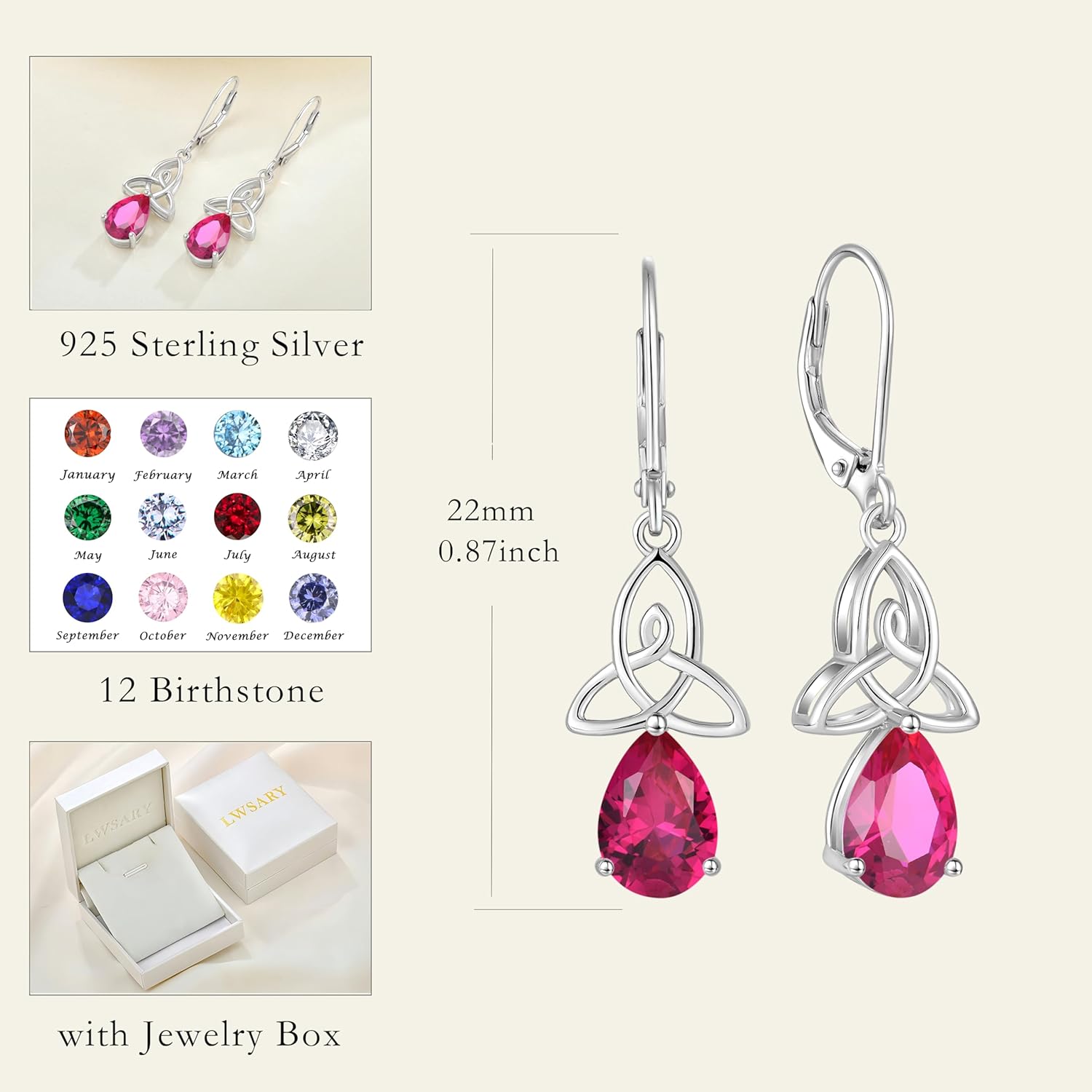 Irish Celtic Knot Dangle Drop Earrings 925 Sterling Silver Teardrop Leverback Earrings Birthstone Jewelry Gifts for Women - Image 6