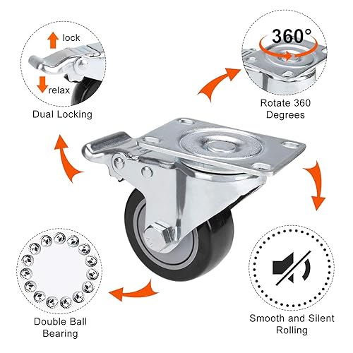 Vista 11 de COOCHEER 3'' Heavy Duty Casters, Load 2000lbs, 360-degree Top Plate Swivel, Lockable Bearing Caster with Brakes for Furniture and Workbench, Casters