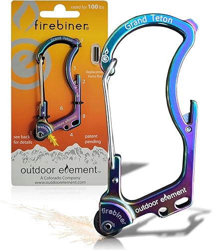 Miniatura 26 de OUTDOOR ELEMENT Firebiner Custom Engraved 6-in-1 Fire Starter Carabiner Multitool – Survival Gear EDC Keychain with Utility Blade, Bottle Opener, GT