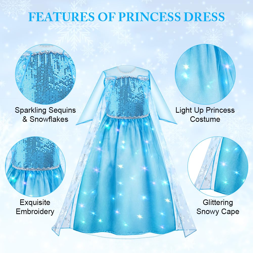 AYBUY Princess Costume for Girl Light Up Princess Dress Up with Magic Wand Crown, Girls Blue LED Costume - Image 3