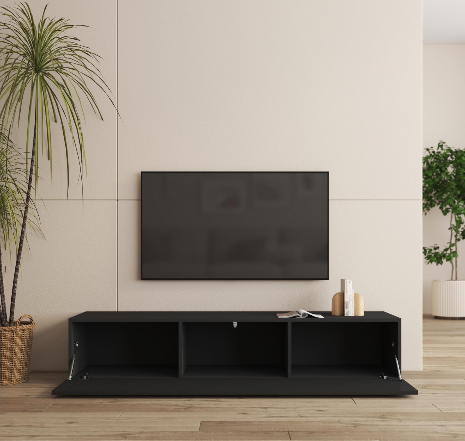 MB Muebles Bonitos, Mobile TV con piedini Nora H2, Soggiorno Moderno, Nero, 160x40x32cm