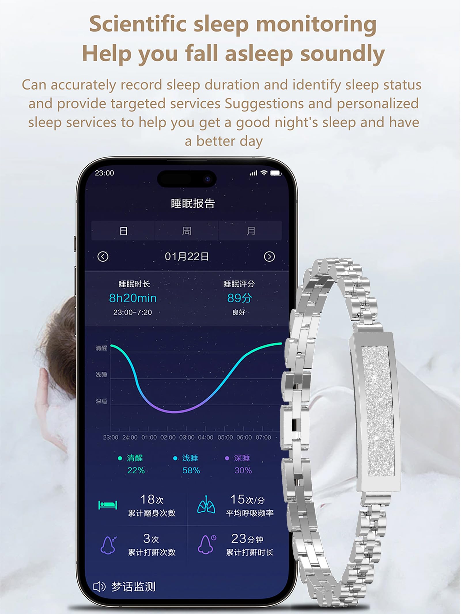findtime Pulsera inteligente para mujer sin pantalla, podómetro, pulsera para mujer, joyas de oro rosa, plata, estrecha, monitor de frecuencia cardíaca, monitor de sueño, SpO2, pulsera de fitness con