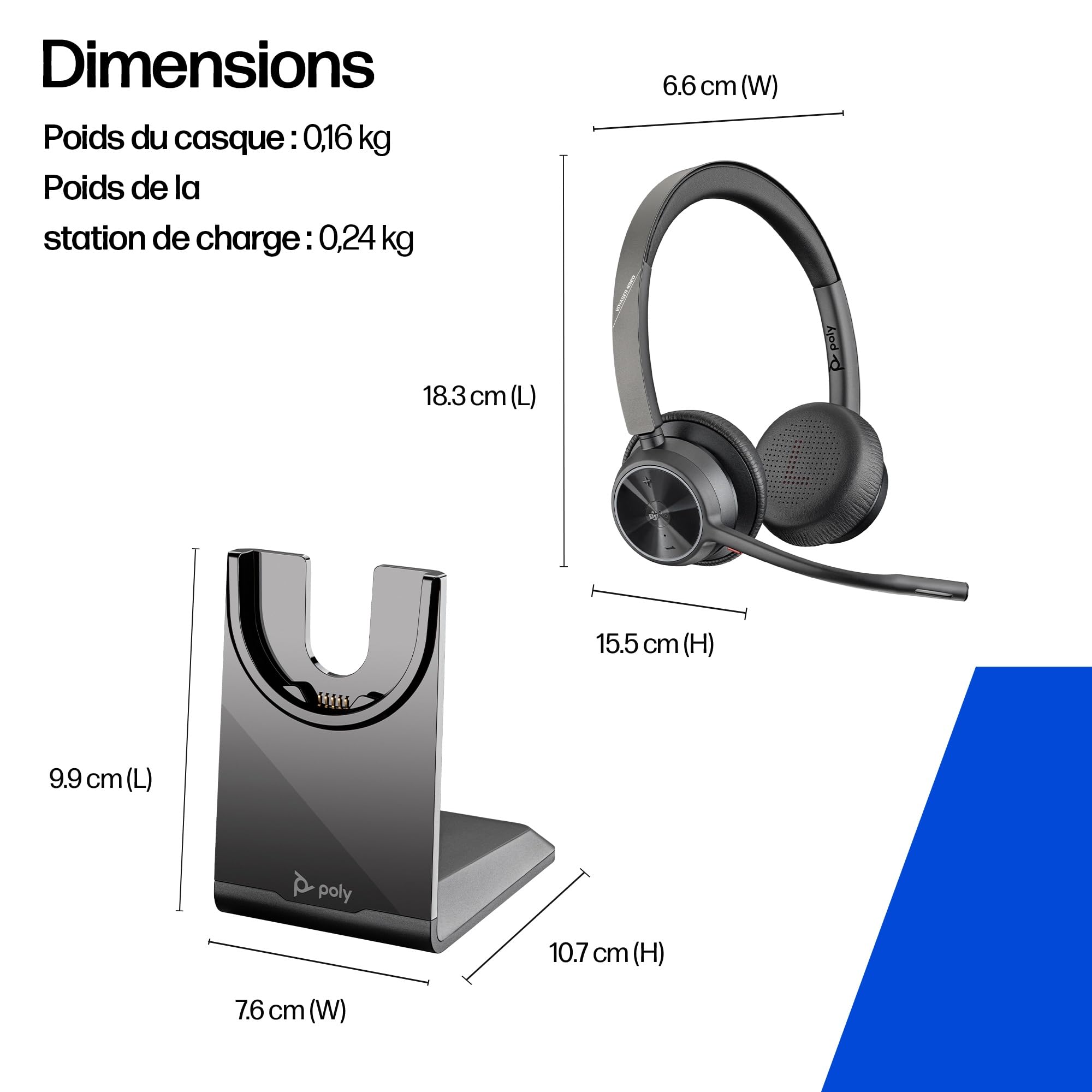 Micro-casque sans fil Poly Voyager 4320 UC et socle de chargement - Micro-casques binauraux avec perche microphone antibruit - Connexion à un PC/Mac/Téléphone portable via Bluetooth - Teams (certifié)
