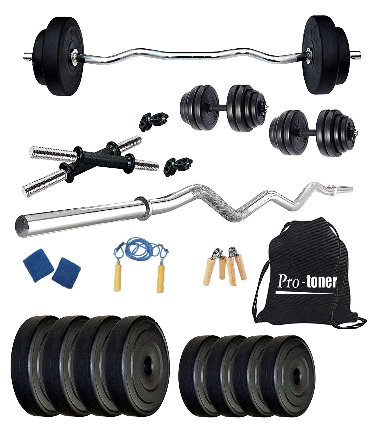 Protoner Home Gym 18 kgs, 2 kg x 4 Plates,2.5 kg x 4 Plates, 1 x 3 feet bar,2 x Dumbbell rods and Accessories