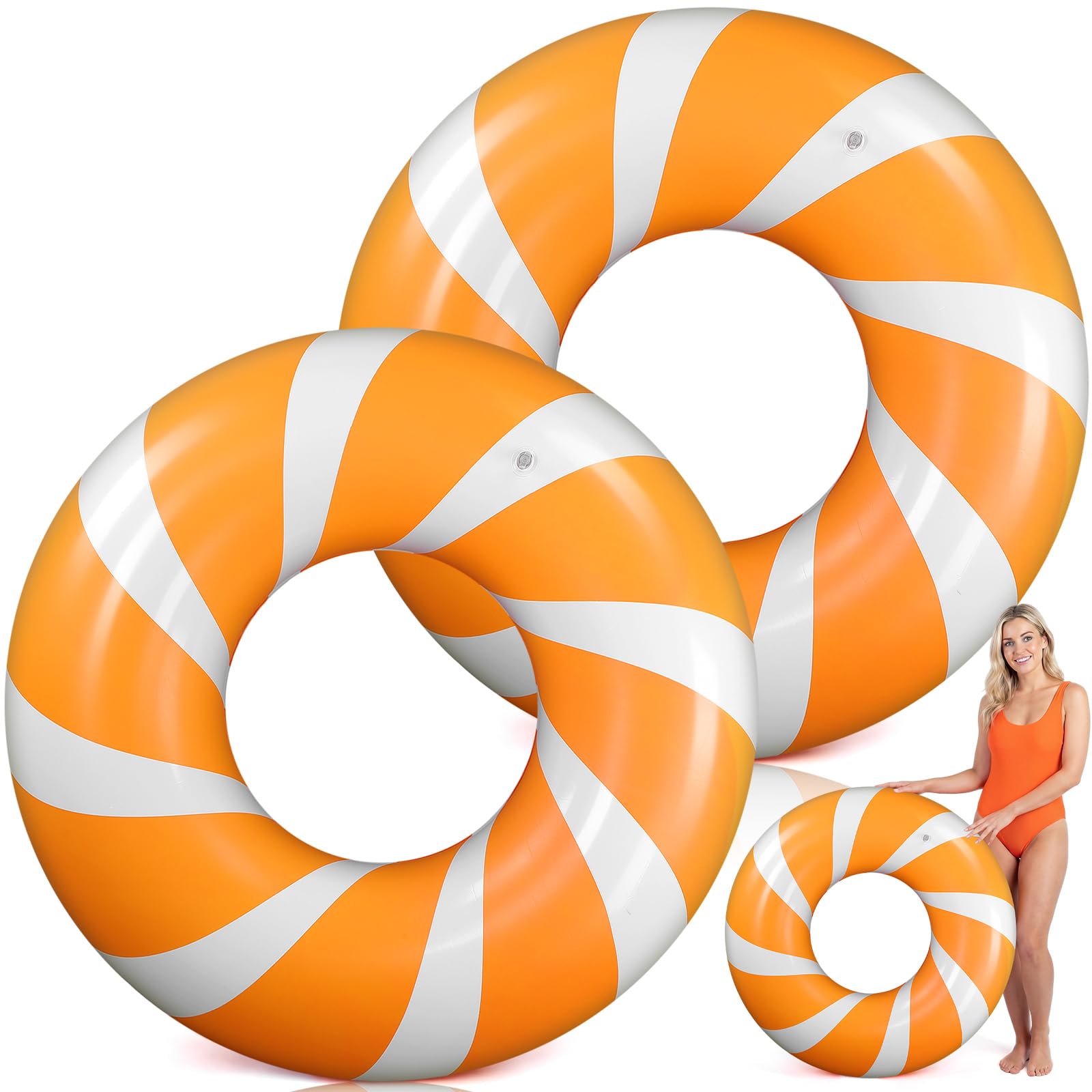 Arrowbash 2 Pcs 47 Inch Large Inflatable Pool Floats Jumbo Swimming Ring Donut Float Tubes for Adult Size Striped Pool Rings for Summer Halloween Beach Hawaii Wedding Party Favors(Orange,White)