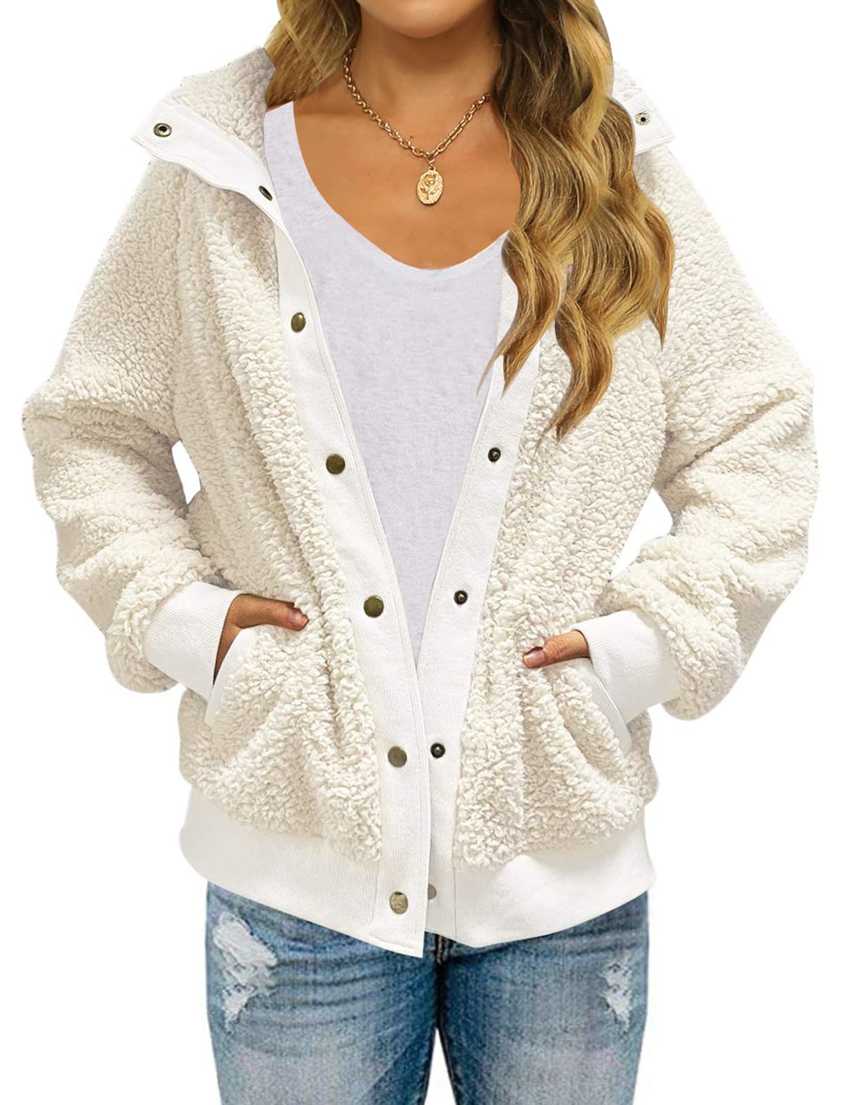 TECREWWomens Winter Sherpa Fleece Button Jacket Coat Loose Long Sleeve Outwear with Pockets