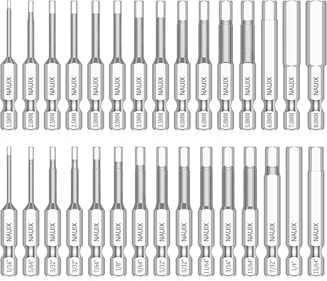 30 Piece Hex Head Allen Wrench Drill Bit Set, 1/4 Inch Shank Metric and SAE S2 Steel Hex Bit Set, Magnetic Tips 50mm Long (SAE+METRIC BITS)