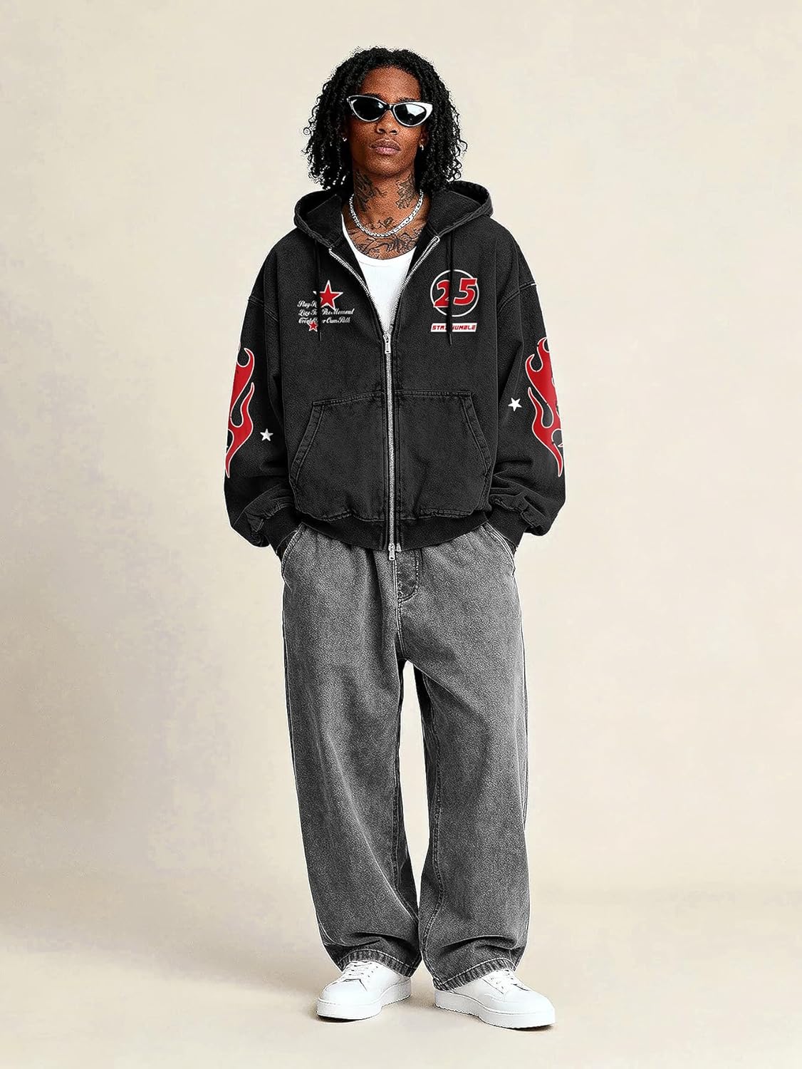 Verdusa Men's Washed Graphic Hoodies Grunge Vintage Lightweight Hip Hop Zip Up Sweatshirt - Image 3