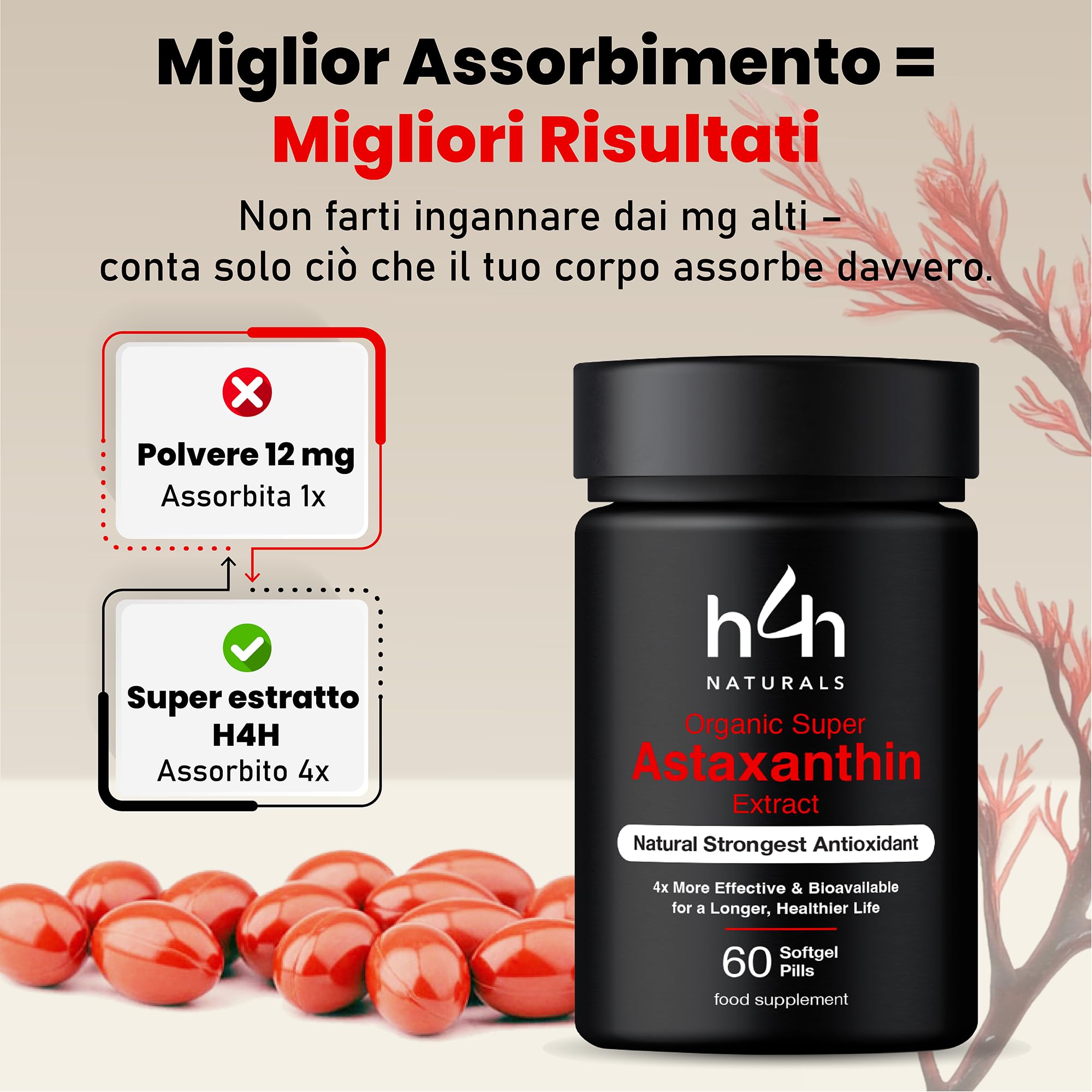 Super Astaxantina Biologica – Equivalente a 16mg di Polvere | Pelle, Vista, Energia | Assorbimento 4X con Olio d’Oliva Italiano Bio | Vegan-Certificati Bio UE/USDA