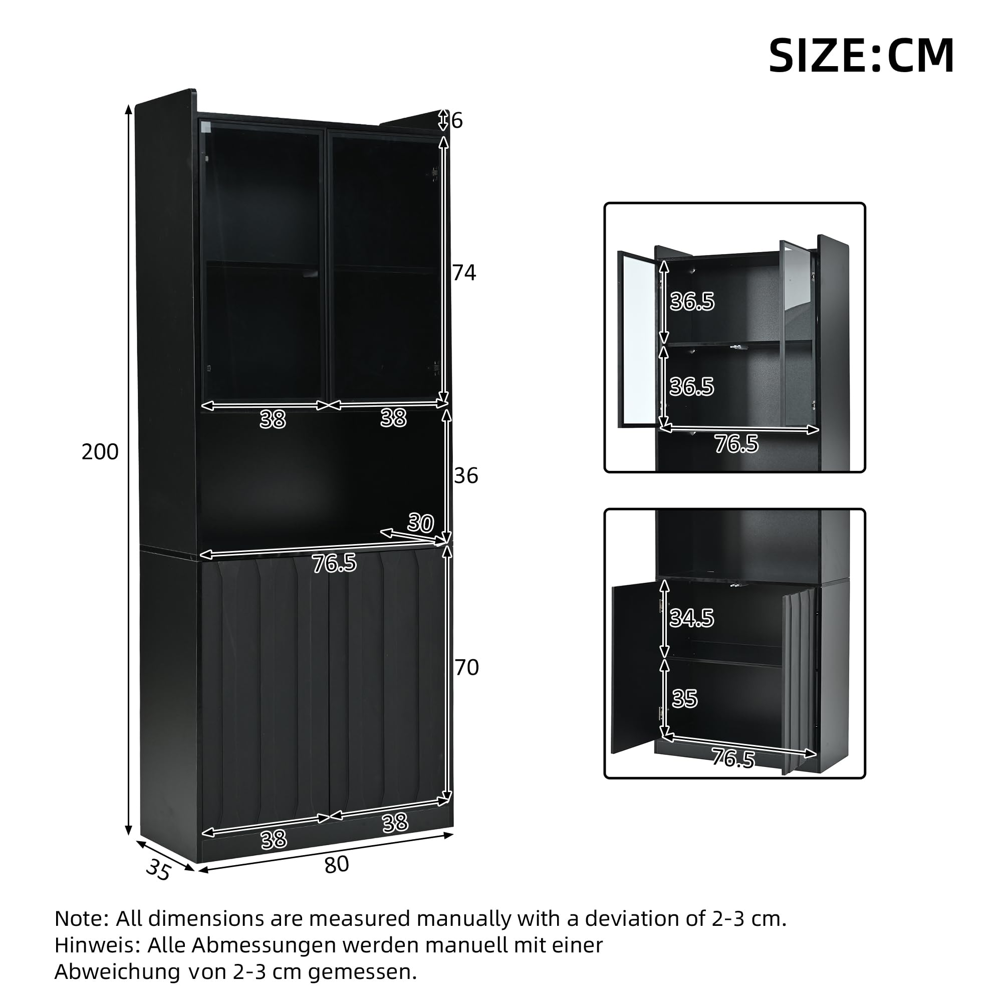 Azkoeesy Vetrina Alta 80x35x200 cm, con Ante Vetrate e LED, Nero