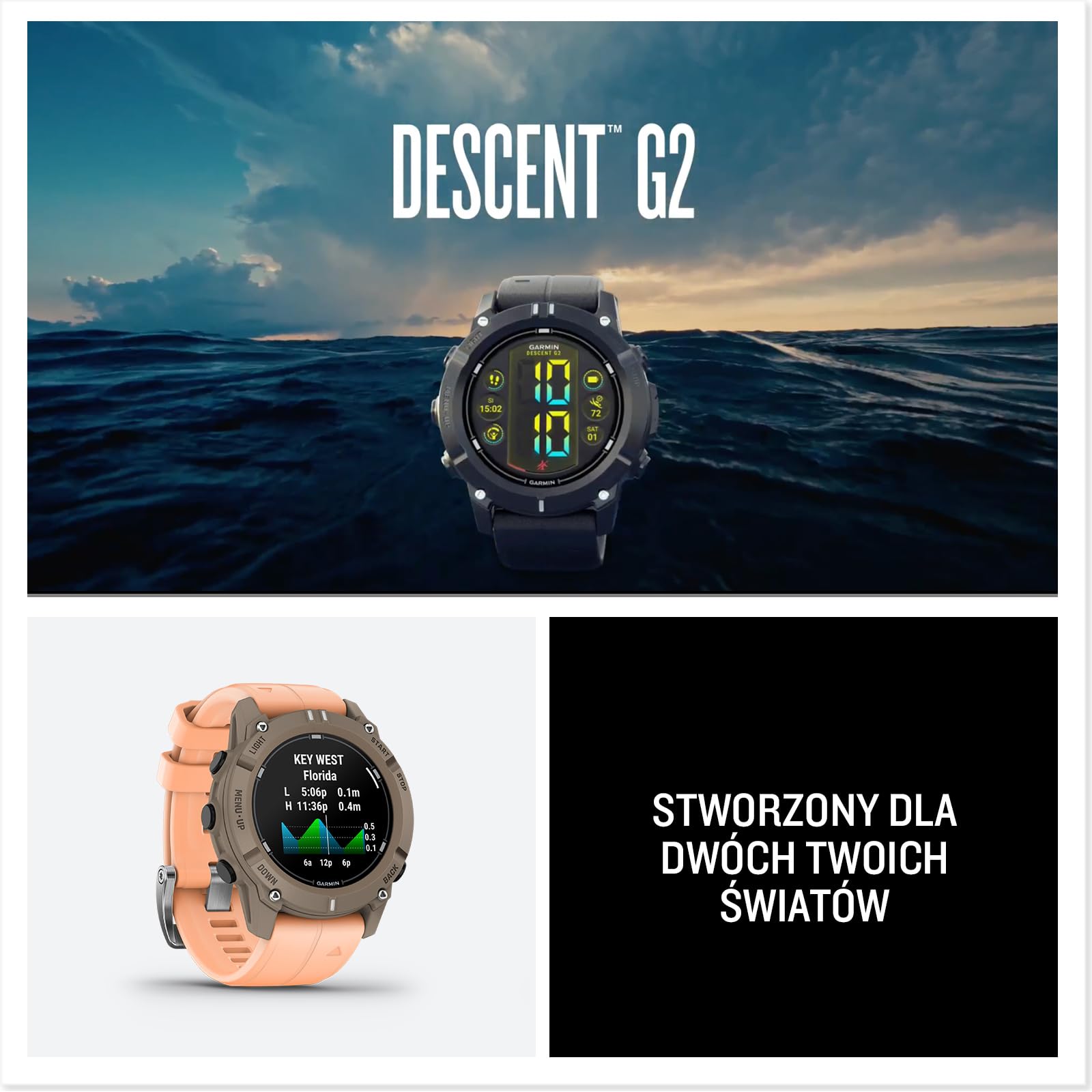 Garmin Descent G2, Wytrzymały Komputer Nurkowy Multi GNSS, Smartwatch 46 mm, Wyświetlacz AMOLED, Wiele trybów nurkowania, 10ATM, Shell Pink