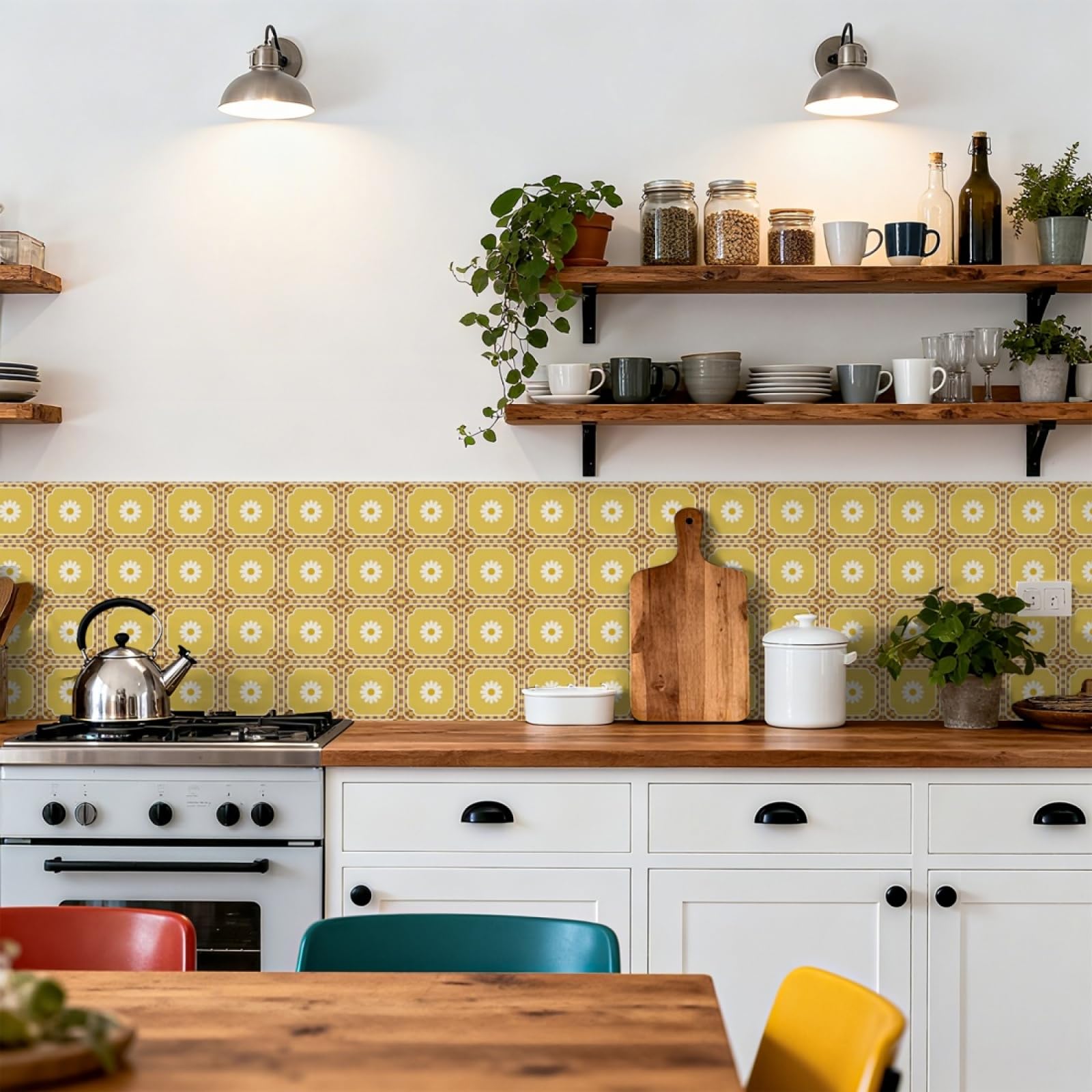 Tile Stickers Lemon Yellow Geometry Stick on Kitchen Tiles Self Adhesive Wall Tiles PVC Peel and Stick Tile Covers Transfers Oil-Proof Kitchen Splashbacks for Walls Removable 10x10cm/48 Pcs