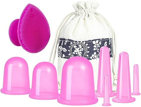 Silicone Cupping Therapy Set, 8 Pcs Face Cupping Set for Face and Eyes Cupping Massage, Face Cupping Set Silicone Cup with Peeling Brush for Face Neck Skin Small Medium Large, Pink