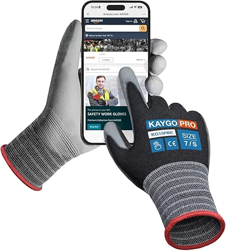 Vista 8 de KAYGO Guantes de trabajo con revestimiento de poliuretano, 12 pares, KG15P, forro de nailon con revestimiento flexible de poliuretano, guantes
